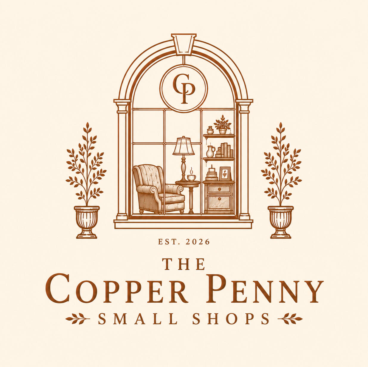 A graphic window view of a cozy sitting area with the Copper Penny Logo.